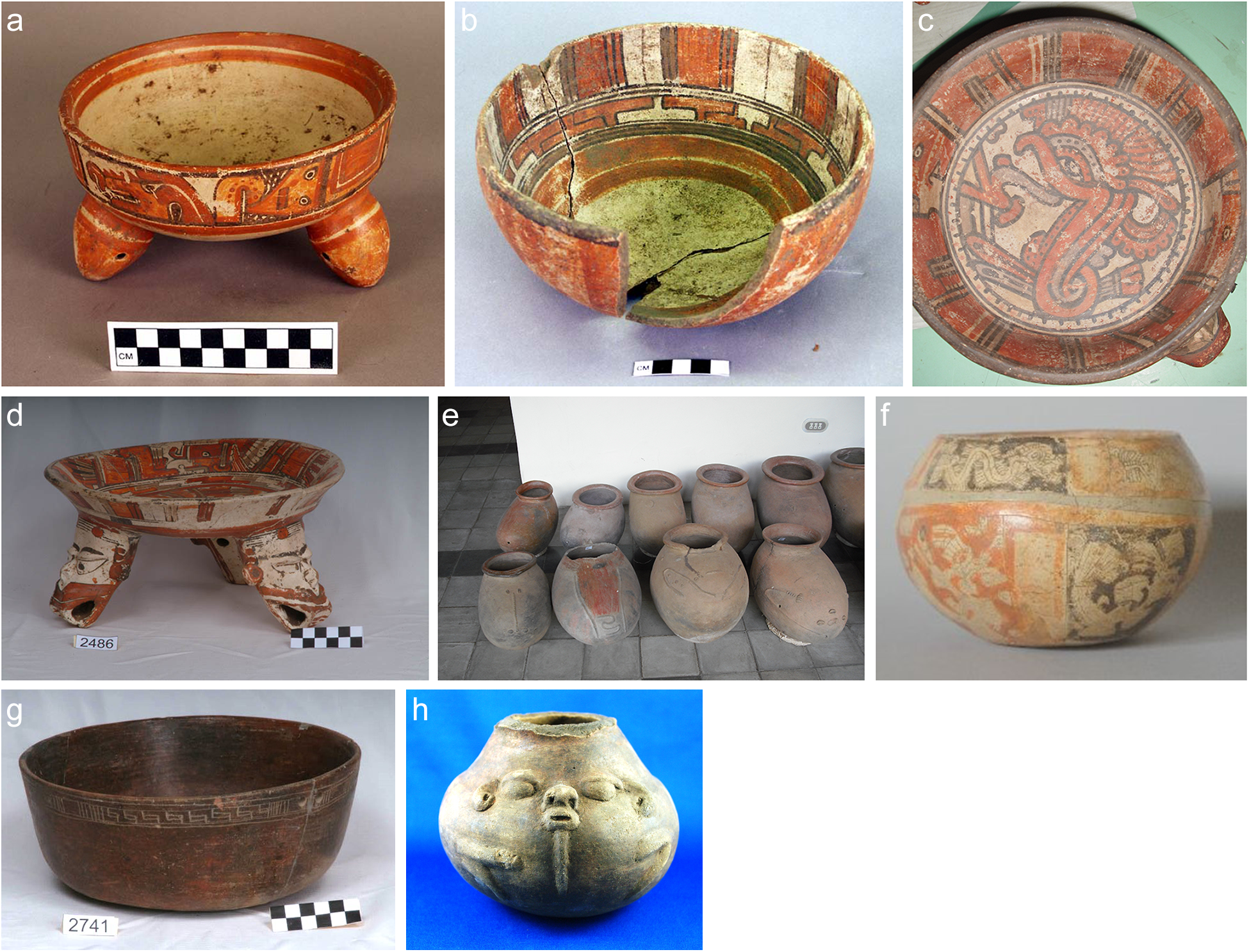 Eight ceramic vessels including Papagayo Polychrome, Sacasa Striated, Vallejo Polychrome, Castillo Engraved and Lago Modelled. See long description.