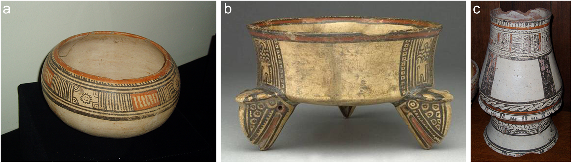 Three ceramic pieces: a bowl, a tripod vessel and a double-chambered vase. See long description.