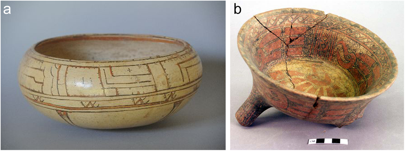 Two ceramic bowls: one with geometric patterns, the other with a tripod base. See long description.
