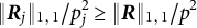 StartMetric bold italic upper R Subscript j Baseline EndMetric Subscript 1 comma 1 Baseline divided by p Subscript j Superscript 2 Baseline greater than or equals StartMetric bold italic upper R EndMetric Subscript 1 comma 1 Baseline divided by p squared