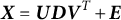 bold italic upper X equals bold italic upper U bold italic upper D bold italic upper V Superscript upper T Baseline plus bold italic upper E
