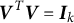 bold italic upper V Superscript upper T Baseline bold italic upper V equals bold italic upper I Subscript k