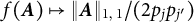 f left parenthesis bold italic upper A right parenthesis right arrow from bar StartMetric bold italic upper A EndMetric Subscript 1 comma 1 Baseline divided by left parenthesis 2 p Subscript j Baseline p Subscript j Sub Superscript prime Subscript Baseline right parenthesis