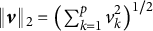StartMetric bold italic v EndMetric Subscript 2 Baseline equals left parenthesis sigma summation Underscript k equals 1 Overscript p Endscripts v Subscript k Superscript 2 Baseline right parenthesis Superscript 1 divided by 2