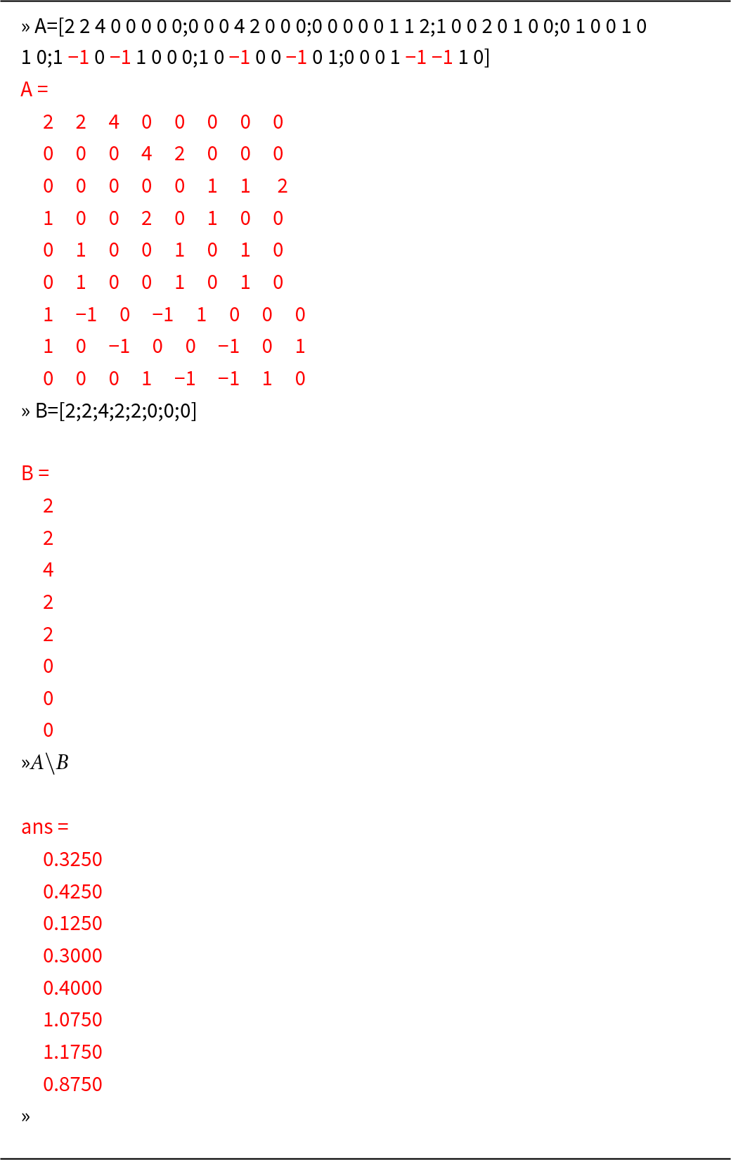 Solving the 8 by 8 system yields eight values from 0.125 to 1.175, with the largest at 1.175 and the smallest at 0.125. See long description.