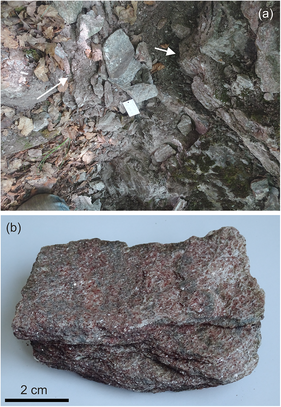 Two images showing muscovite-quartz schists in an inspection pit and a sample of schist. See long description.