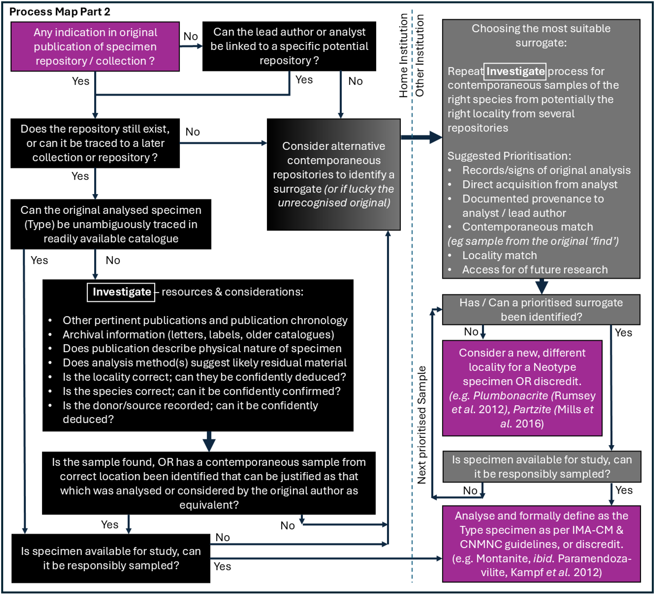 An infographic flowchart detailing the decision-making process for identifying type specimens or surrogates in mineral species reassessment. See long description.