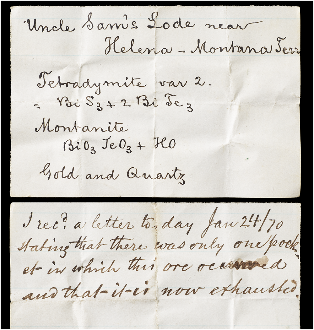 Handwritten specimen label card with mineral names and formulas, titled “Uncle Sam’s Lode near Helena - Montana Terr.”. See long description.