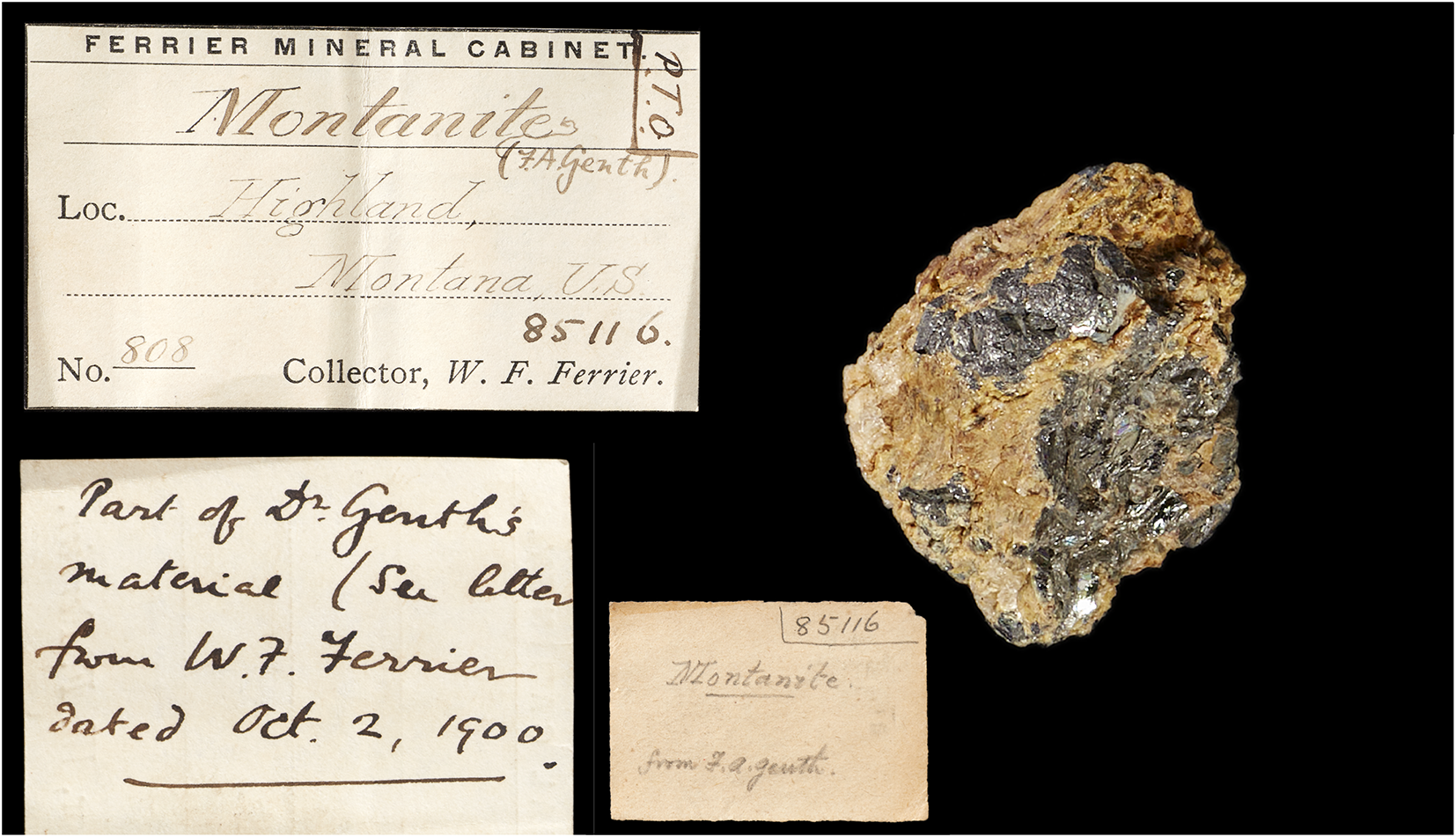 Montanite sample with labels from Ferrier and Genth. See long description.