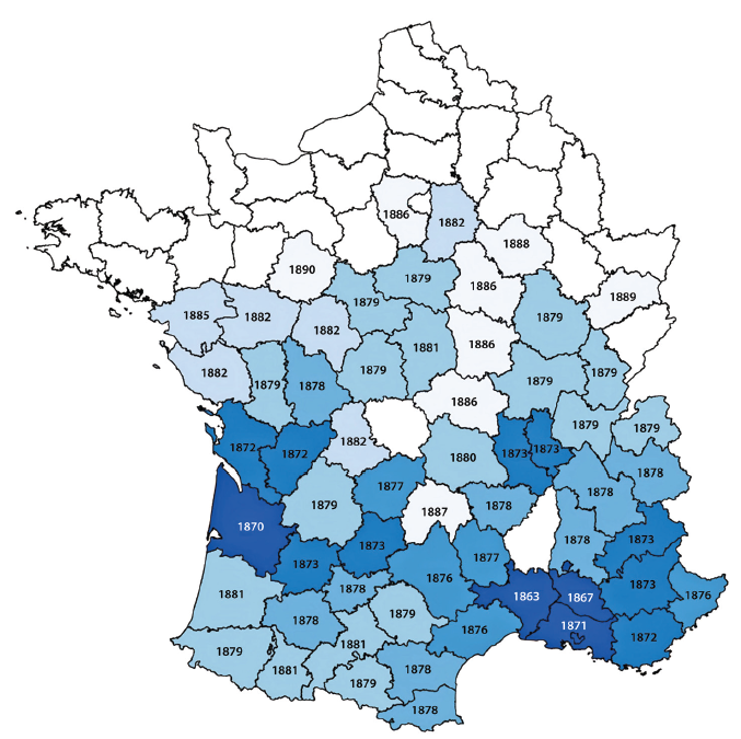 A map of France showing the spread of phylloxera across different departments with years marked.