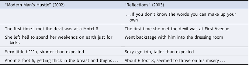 A table comparing lyrics from two songs.
