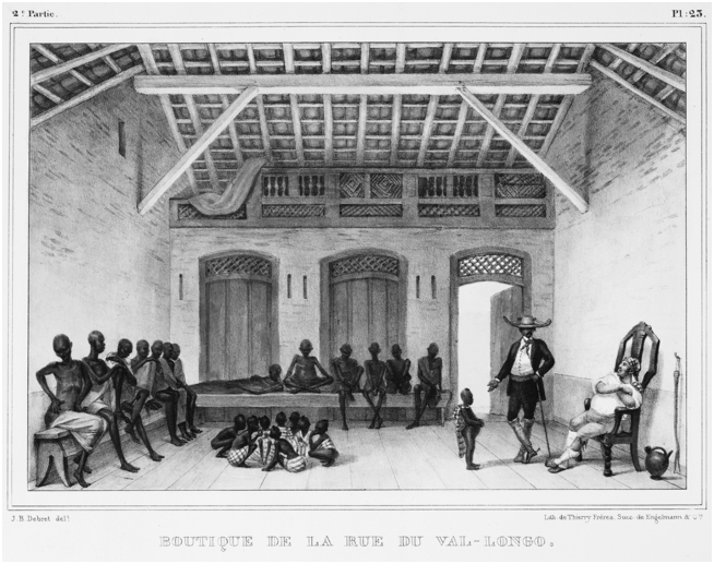 Interior of a second-hand shop in Rio de Janeiro, Brazil. Enslaved African men, women, and children sit or stand inside the room. A white man in a hat stands with a child, while a Cigano or a Gypsy man sits on a chair at the right.