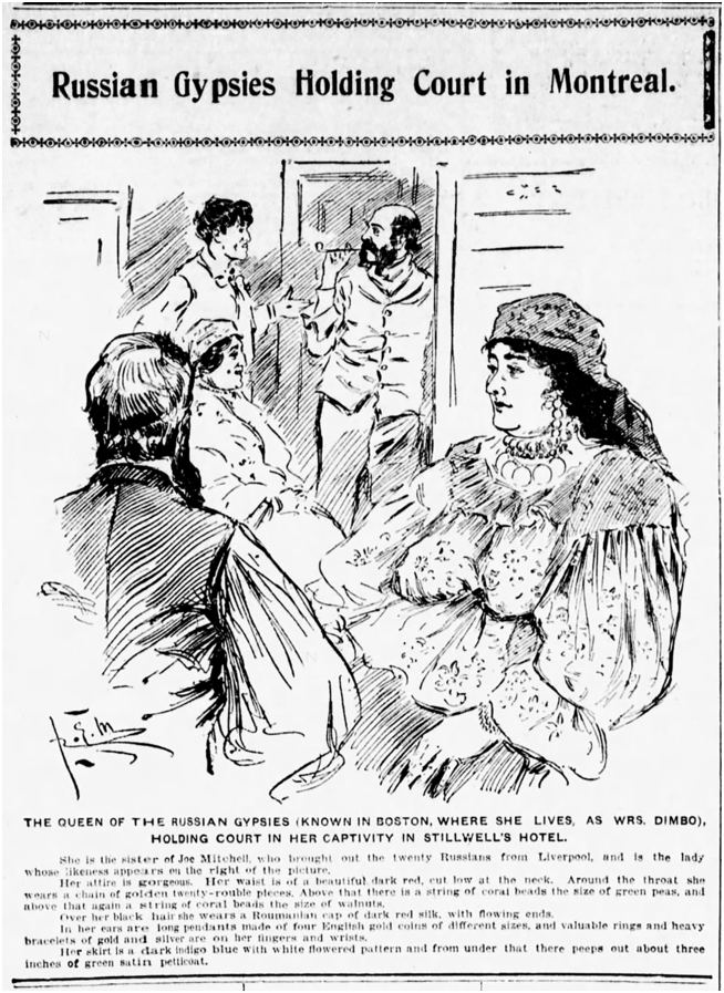 Line art illustration of a group of five Romani people in an indoor setting, with a focus on their attire and interaction.