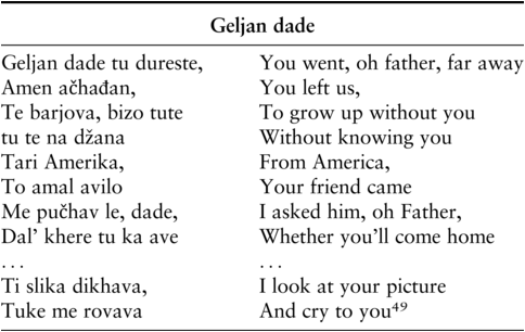 A table presents the lyrics of the folk song, Geljan dade, in Romani and its English translation. See long description.
