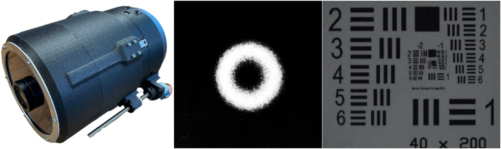 A telescope, a circular pattern, and a resolution test chart.