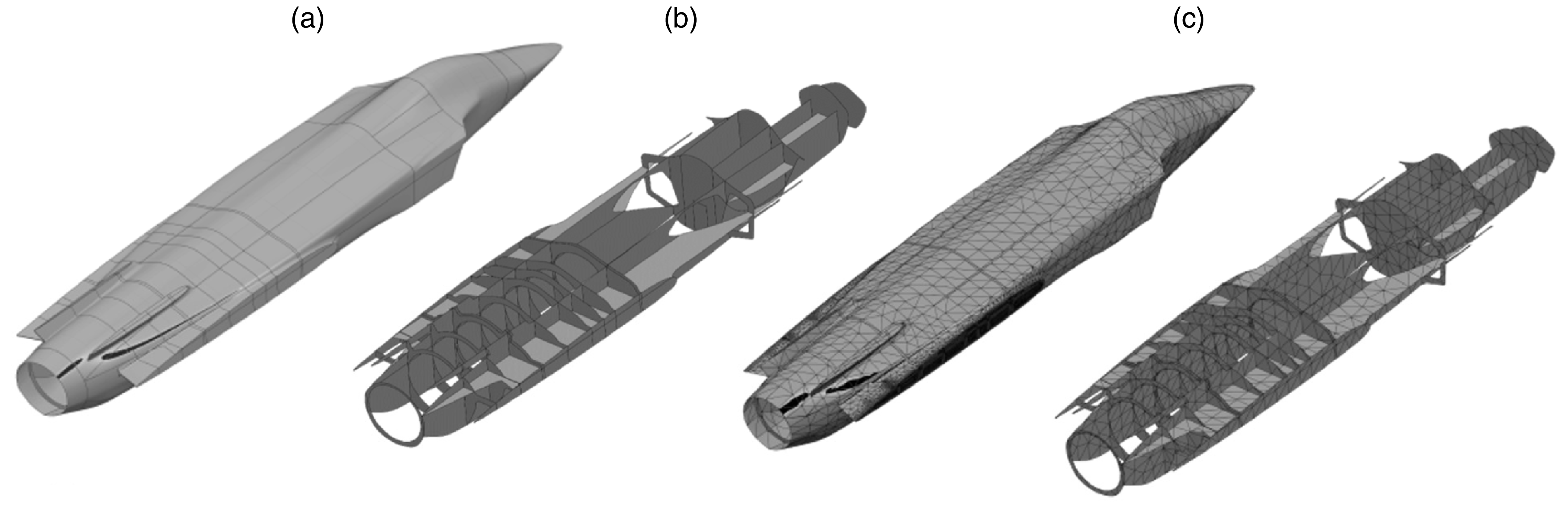 Illustration of three different modeling techniques for a fuselage and structure.