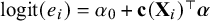 logit left parenthesis e Subscript i Baseline right parenthesis equals alpha 0 plus bold c left parenthesis bold upper X Subscript i Baseline right parenthesis Superscript normal down tack Baseline bold italic alpha
