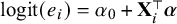 logit left parenthesis e Subscript i Baseline right parenthesis equals alpha 0 plus bold upper X Subscript i Superscript normal down tack Baseline bold italic alpha