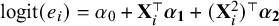 logit left parenthesis e Subscript i Baseline right parenthesis equals alpha 0 plus bold upper X Subscript i Superscript normal down tack Baseline bold italic alpha bold 1 plus left parenthesis bold upper X Subscript i Superscript 2 Baseline right parenthesis Superscript normal down tack Baseline bold italic alpha bold 2