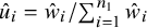 ModifyingAbove u With caret Subscript i Baseline equals ModifyingAbove w With caret Subscript i Baseline divided by sigma summation Underscript i equals 1 Overscript n 1 Endscripts ModifyingAbove w With caret Subscript i