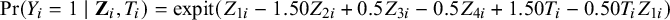 probability left parenthesis upper Y Subscript i Baseline equals 1 vertical bar bold upper Z Subscript i Baseline comma upper T Subscript i Baseline right parenthesis equals expit left parenthesis upper Z Subscript 1 i Baseline minus 1.50 upper Z Subscript 2 i Baseline plus 0.5 upper Z Subscript 3 i Baseline minus 0.5 upper Z Subscript 4 i Baseline plus 1.50 upper T Subscript i Baseline minus 0.50 upper T Subscript i Baseline upper Z Subscript 1 i Baseline right parenthesis