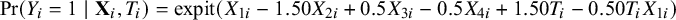 probability left parenthesis upper Y Subscript i Baseline equals 1 vertical bar bold upper X Subscript i Baseline comma upper T Subscript i Baseline right parenthesis equals expit left parenthesis upper X Subscript 1 i Baseline minus 1.50 upper X Subscript 2 i Baseline plus 0.5 upper X Subscript 3 i Baseline minus 0.5 upper X Subscript 4 i Baseline plus 1.50 upper T Subscript i Baseline minus 0.50 upper T Subscript i Baseline upper X Subscript 1 i Baseline right parenthesis