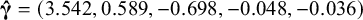 ModifyingAbove bold italic gamma With bold caret equals left parenthesis 3.542 comma 0.589 comma negative 0.698 comma negative 0.048 comma negative 0.036 right parenthesis