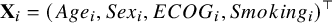bold upper X Subscript i Baseline equals left parenthesis upper A g e Subscript i Baseline comma upper S e x Subscript i Baseline comma upper E upper C upper O upper G Subscript i Baseline comma upper S m o k i n g Subscript i Baseline right parenthesis Superscript normal down tack