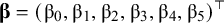bold italic beta equals left parenthesis beta 0 comma beta 1 comma beta 2 comma beta 3 comma beta 4 comma beta 5 right parenthesis Superscript normal down tack