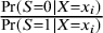 StartFraction probability left parenthesis upper S equals 0 vertical bar upper X equals x Subscript i Baseline right parenthesis Over probability left parenthesis upper S equals 1 vertical bar upper X equals x Subscript i Baseline right parenthesis EndFraction