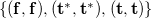 StartSet left parenthesis bold f comma bold f right parenthesis comma left parenthesis bold t Superscript bold asterisk Baseline comma bold t Superscript bold asterisk Baseline right parenthesis comma left parenthesis bold t comma bold t right parenthesis EndSet