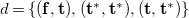 d equals StartSet left parenthesis bold f comma bold t right parenthesis comma left parenthesis bold t Superscript bold asterisk Baseline comma bold t Superscript bold asterisk Baseline right parenthesis comma left parenthesis bold t comma bold t Superscript bold asterisk Baseline right parenthesis EndSet