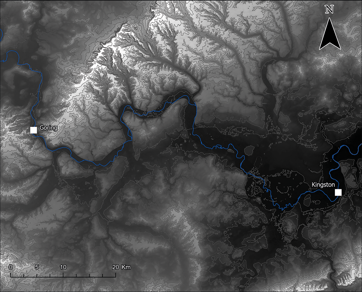 Digital terrain model of the Middle Thames Valley showing Goring and Kingston locations. See long description.