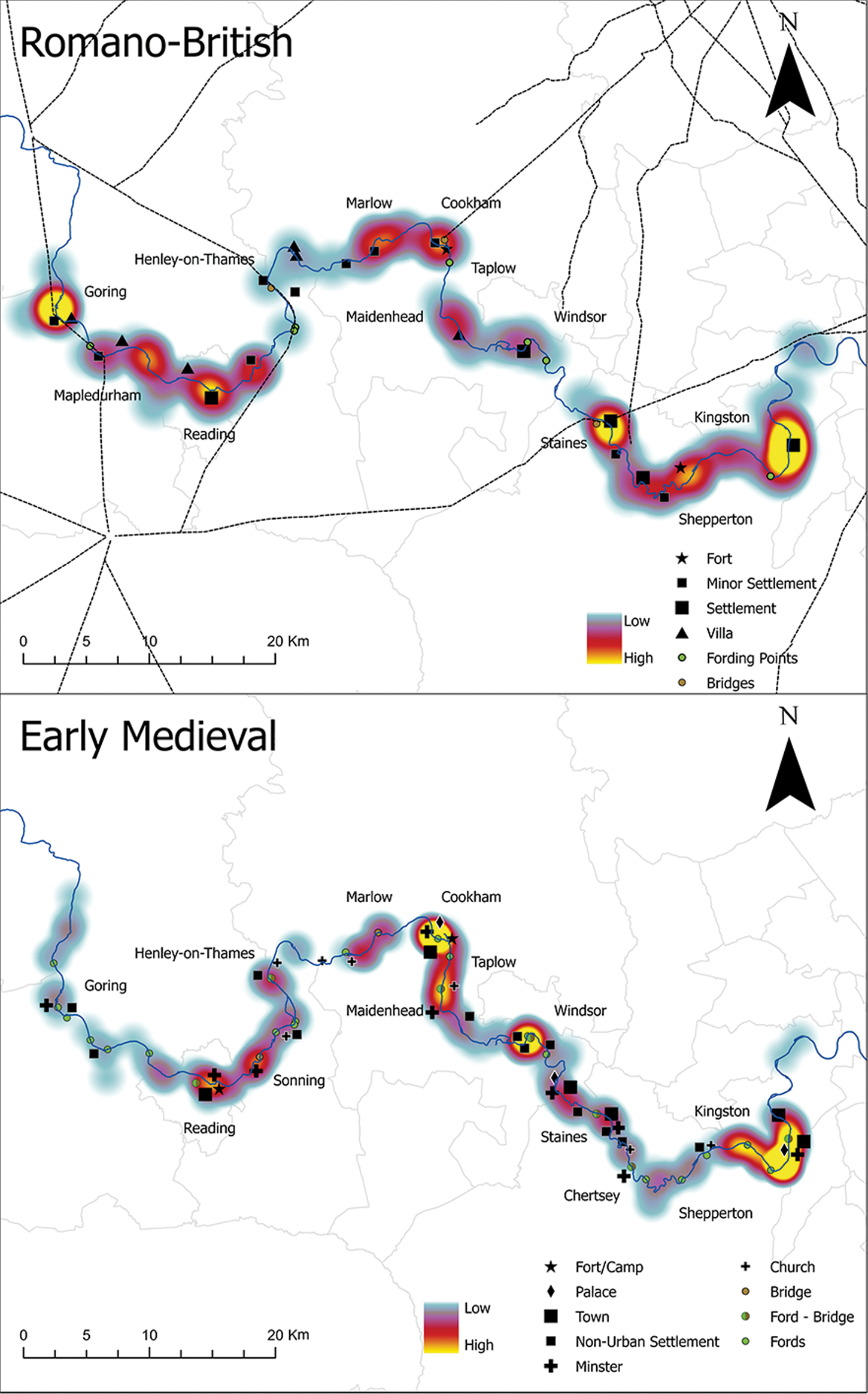 Two maps showing distribution of finds along the Middle Thames river during Romano-British and Early Medieval periods, highlighting forts, settlements, villas and bridges. See long description.