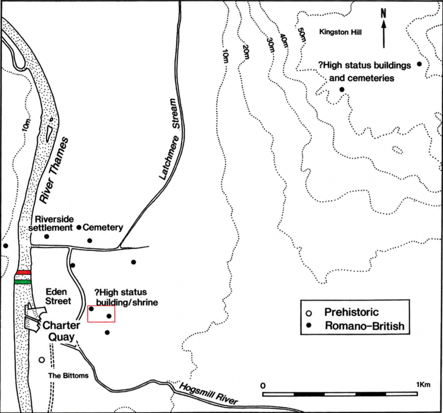 Map showing prehistoric and Romano-British sites in Kingston-upon-Thames, including high status buildings, cemeteries and settlement areas. See long description.