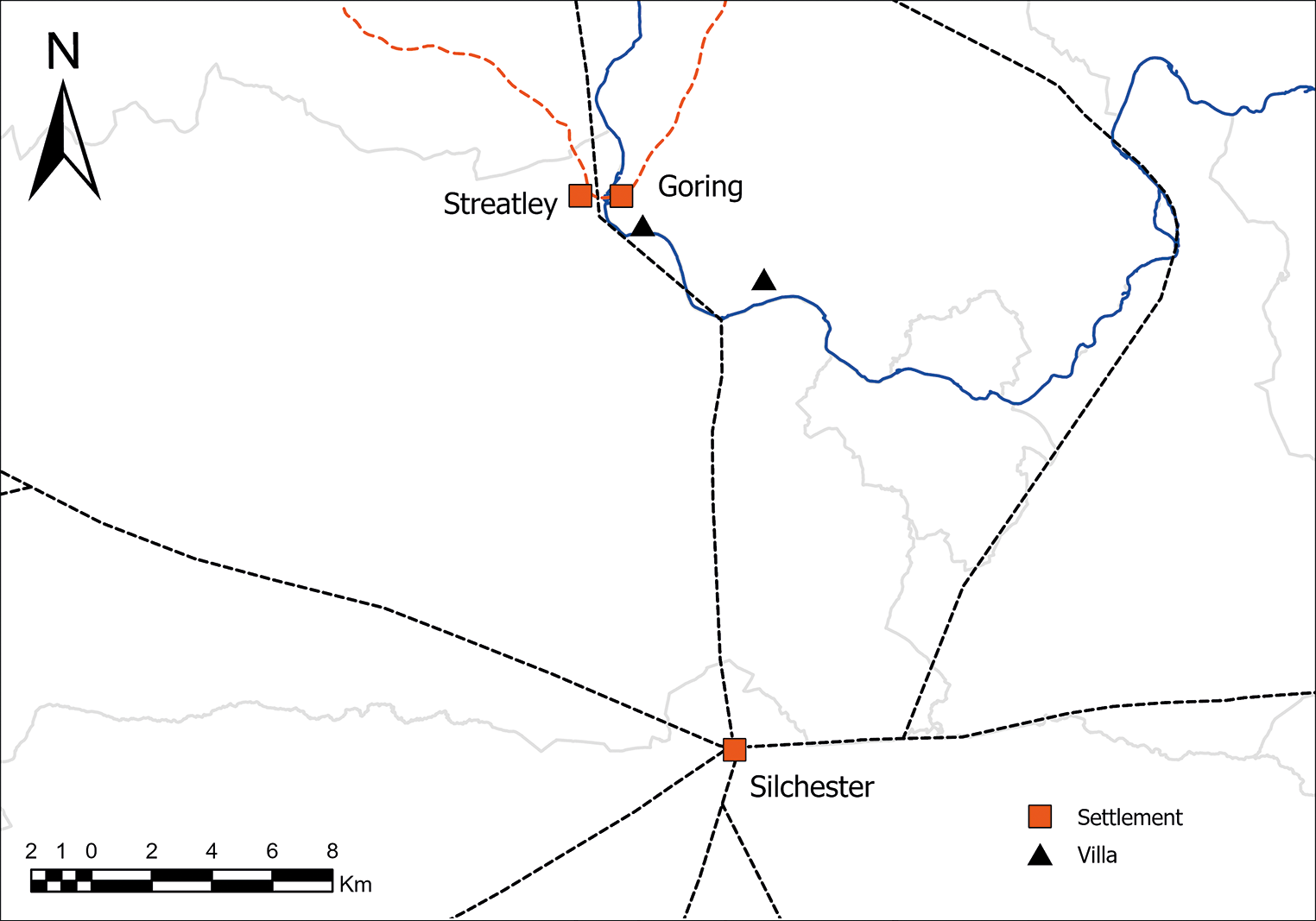 Map showing settlements and villas near Silchester, Goring and Streatley with roads and rivers. See long description.