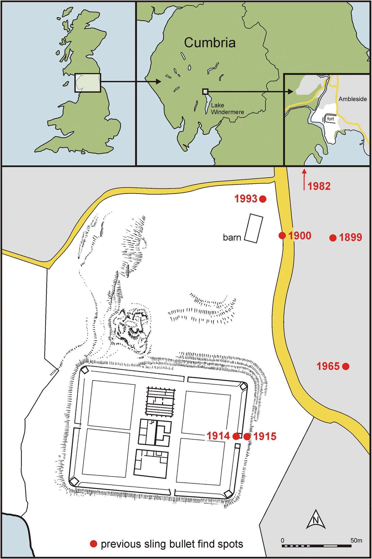 Map showing Ambleside fort location and sling bullet find spots from 1899 to 1993. See long description.