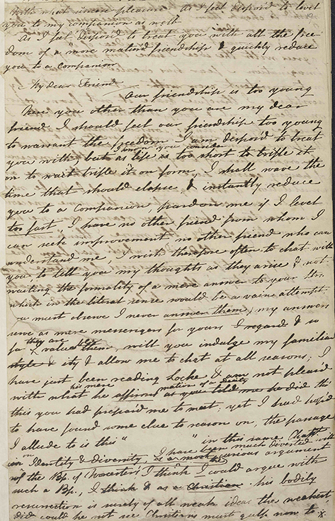 A draft of a manuscript letter with cursive writing in dark ink. The page is filled with dense writing in a neat hand that curves elegantly across the page, with some underlining and cancellation.