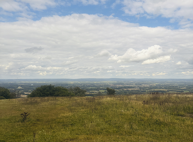 Panoramic view from a grassy hilltop looking over a vast landscape, under a cloudy sky.