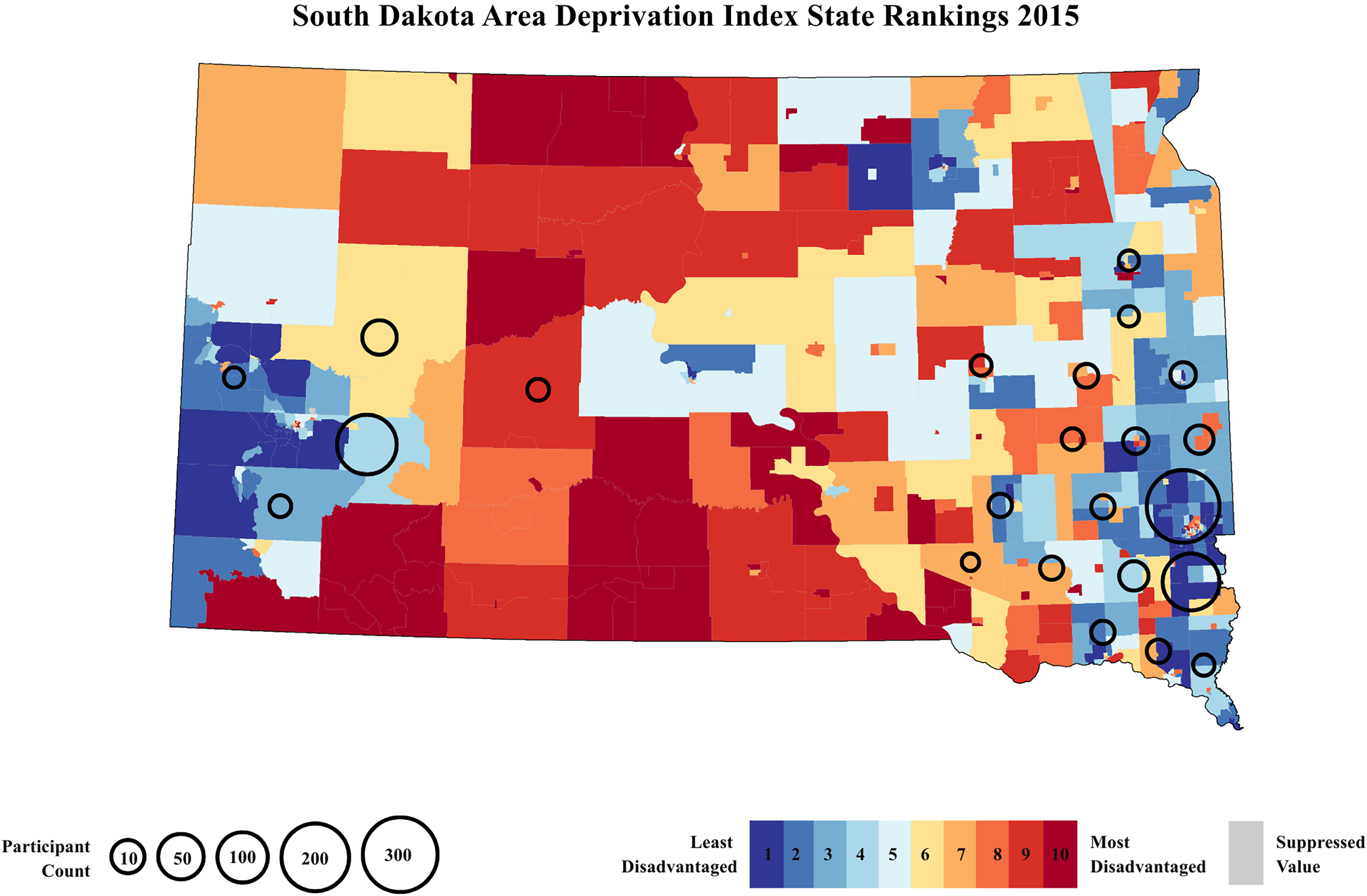 A heatmap of South Dakota showing neighborhood deprivation levels in 2015.