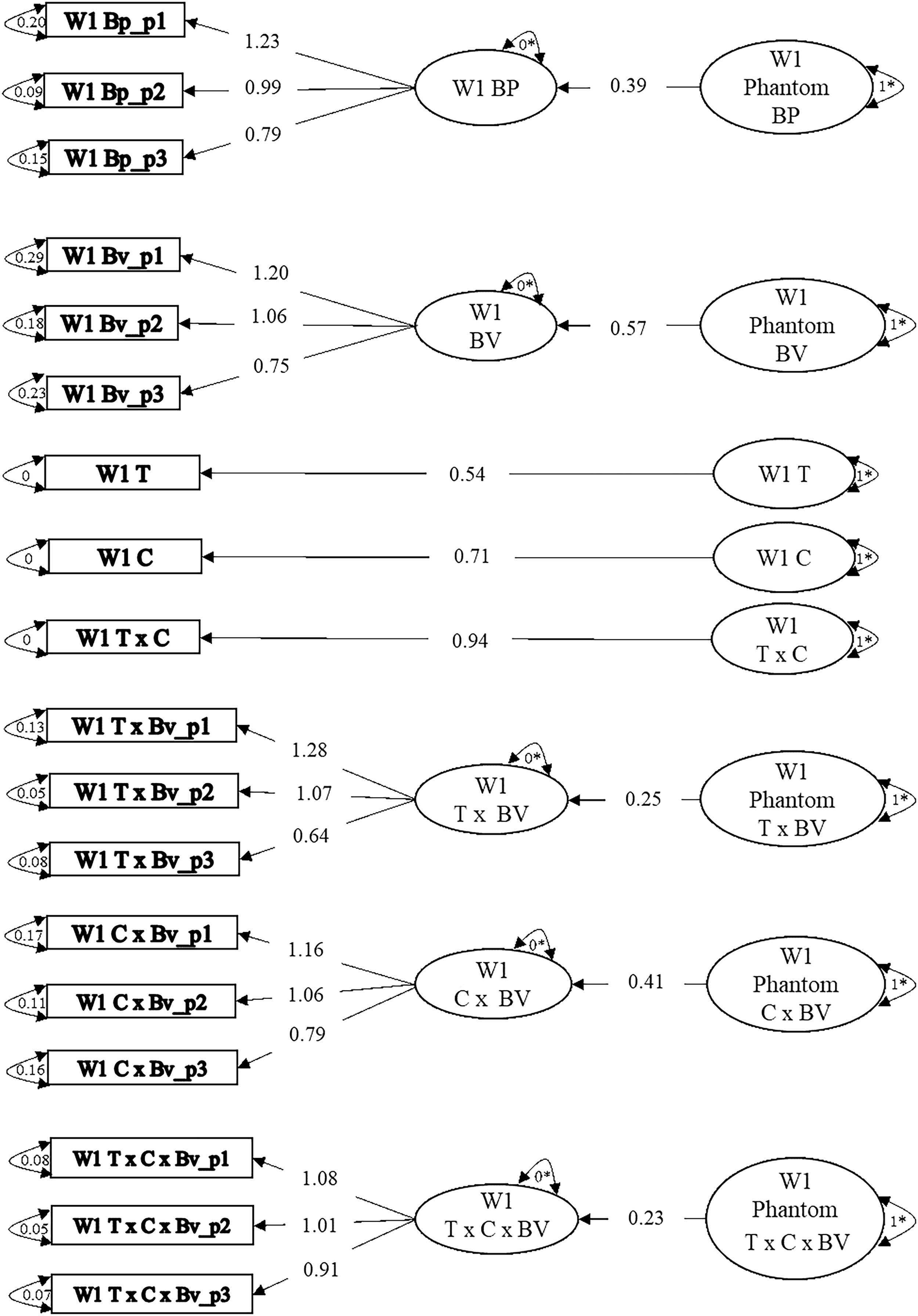 A diagram representing the measurement model for within-person variables at wave 1 using a phantom variable approach.