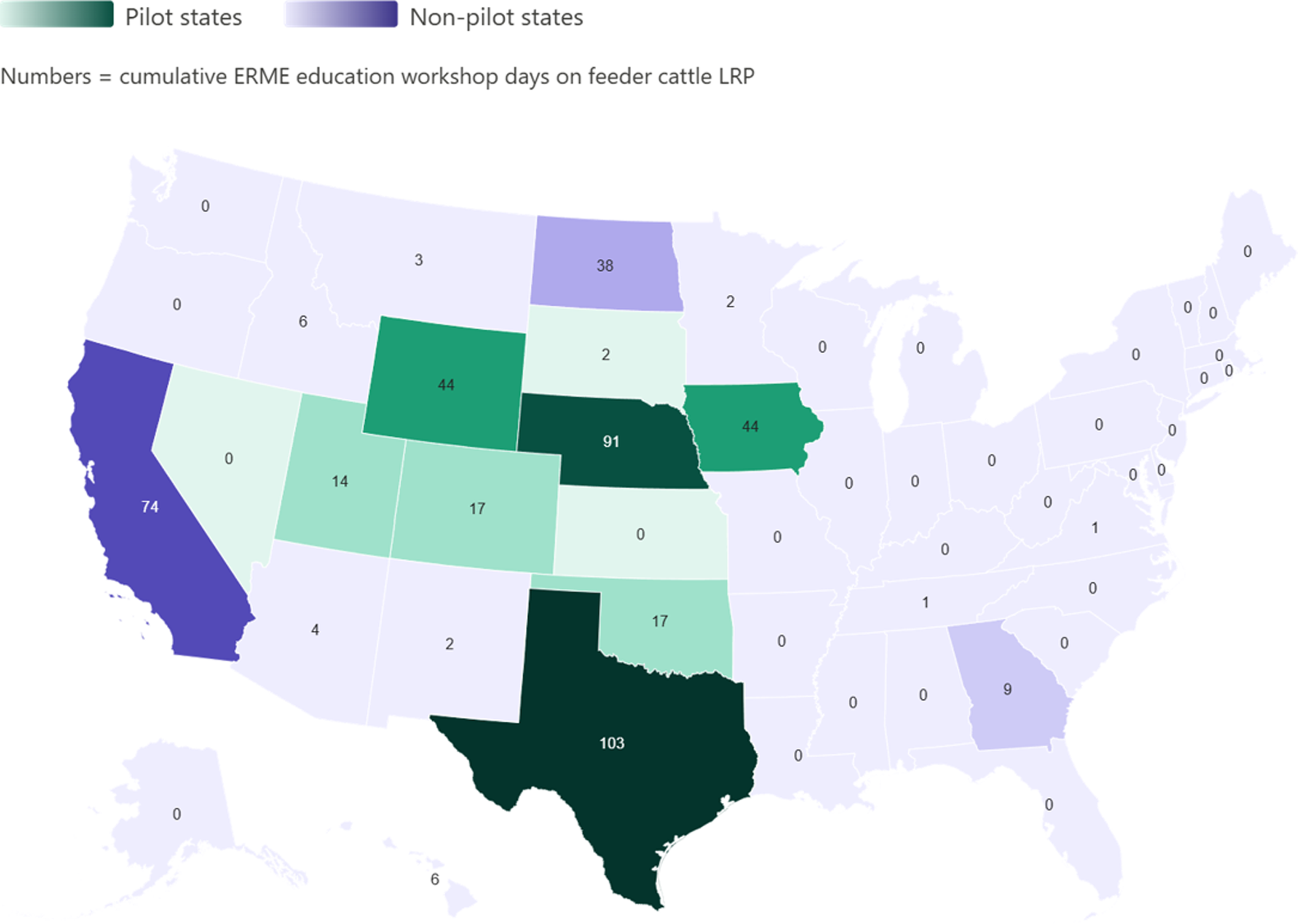 A map showing cumulative ERME education workshop days on feeder cattle LRP by state.