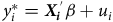 y Subscript i Superscript asterisk Baseline equals bold italic upper X prime Subscript i Baseline beta plus u Subscript i