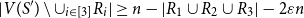 StartAbsoluteValue upper V left parenthesis upper S Superscript prime Baseline right parenthesis minus union Subscript i element of left bracket 3 right bracket Baseline upper R Subscript i Baseline EndAbsoluteValue greater than or equals n minus StartAbsoluteValue upper R 1 union upper R 2 union upper R 3 EndAbsoluteValue minus 2 epsilon n