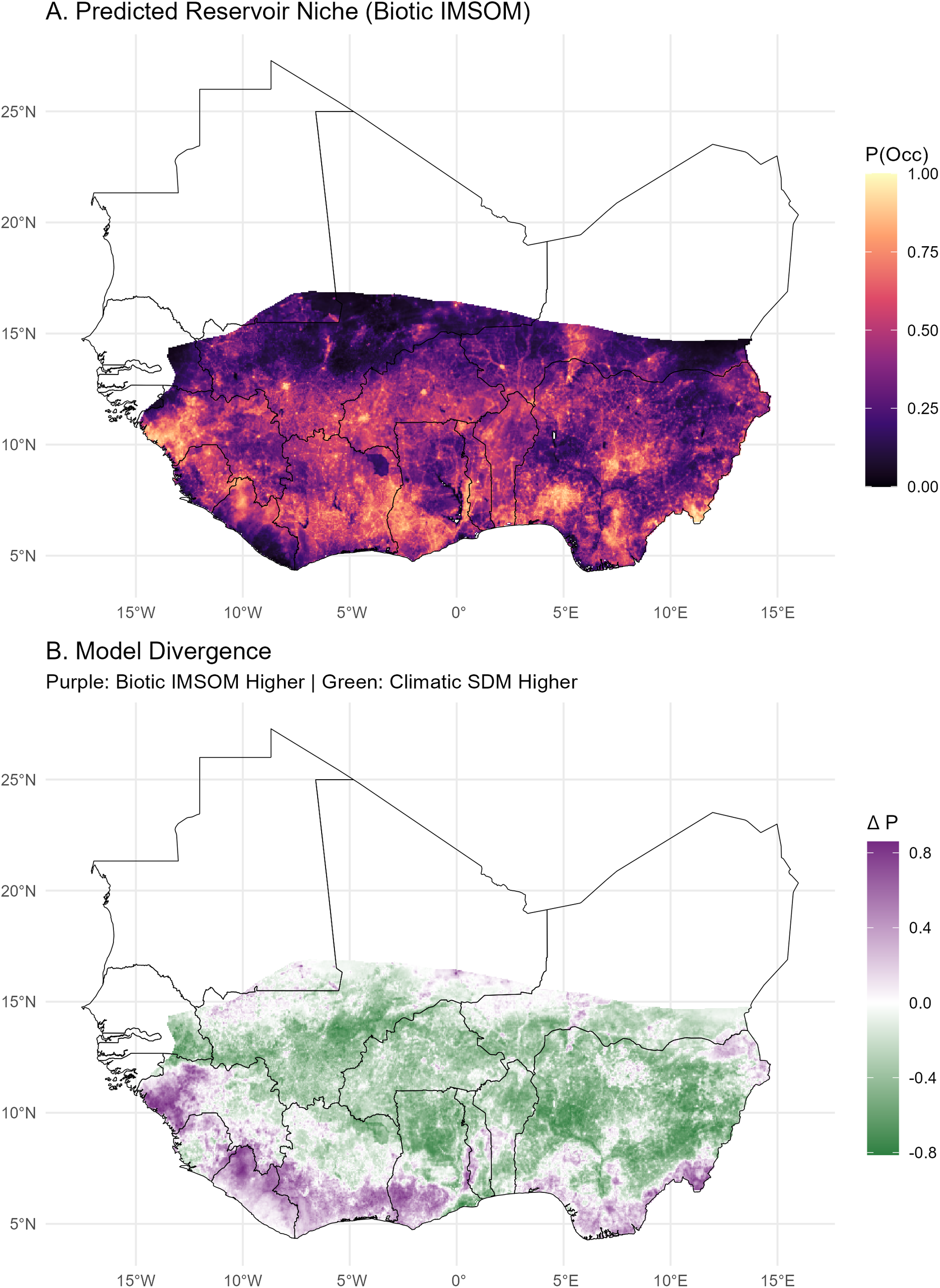 Two-panel geographical map comparing predicted occupancy probability and model divergence for M. natalensis in West Africa. See long description.