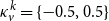 kappa Subscript v Superscript k Baseline equals StartSet negative 0.5 comma 0.5 EndSet