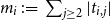 m Subscript i Baseline colon equals sigma summation Underscript j greater than or equals 2 Endscripts StartAbsoluteValue t Subscript i comma j Baseline EndAbsoluteValue