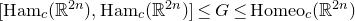 left bracket Ham Subscript c Baseline left parenthesis double struck upper R Superscript 2 n Baseline right parenthesis comma Ham Subscript c Baseline left parenthesis double struck upper R Superscript 2 n Baseline right parenthesis right bracket less than or equals upper G less than or equals Homeo Subscript c Baseline left parenthesis double struck upper R Superscript 2 n Baseline right parenthesis