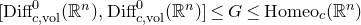 left bracket Diff Subscript c comma vol Superscript 0 Baseline left parenthesis double struck upper R Superscript n Baseline right parenthesis comma Diff Subscript c comma vol Superscript 0 Baseline left parenthesis double struck upper R Superscript n Baseline right parenthesis right bracket less than or equals upper G less than or equals Homeo Subscript c Baseline left parenthesis double struck upper R Superscript n Baseline right parenthesis