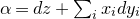 alpha equals d z plus sigma summation Underscript i Endscripts x Subscript i Baseline d y Subscript i